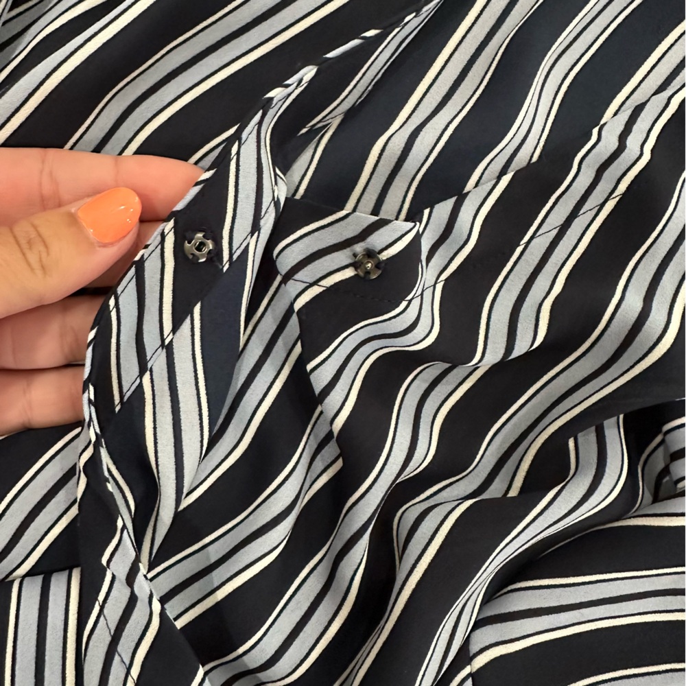 LOFT Navy and Light Blue Striped Wrap Blouse - Picture 5 of 9